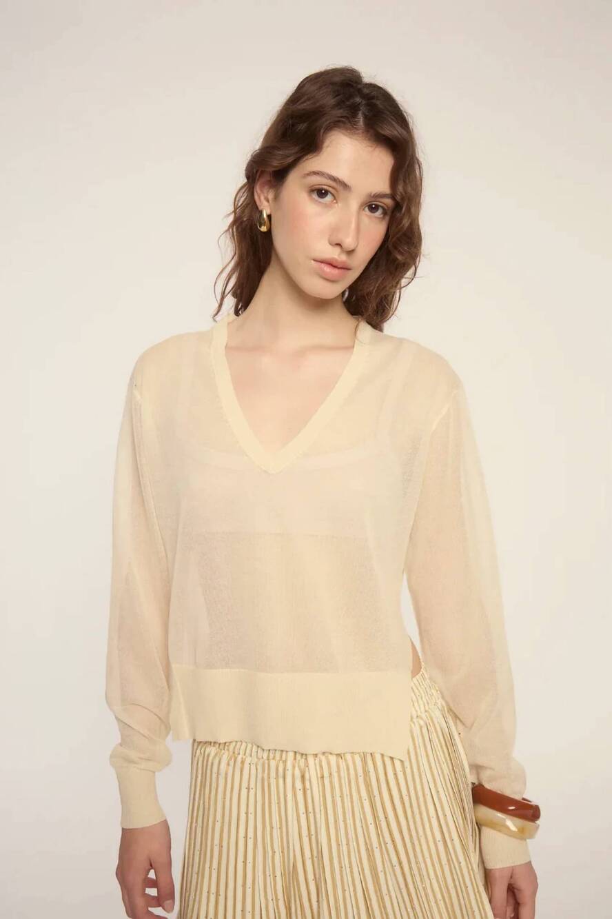 NEW DELUC granada sheer v-neck sweater in ecru